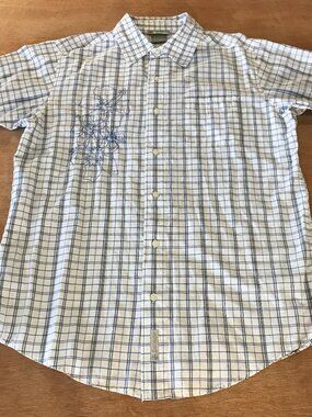 Local Motion Shirt Men L Blue Gray Plaid Button Up Pocket Short Sleeve Collared